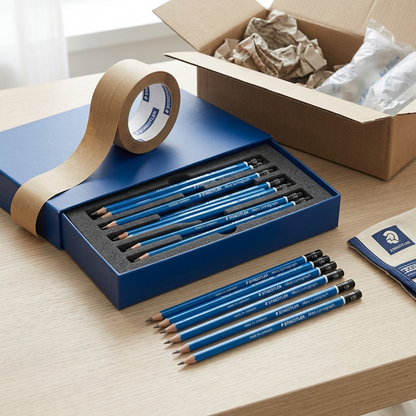 A high-angle photo shows a premium box and individual STAEDTLER Mars Lumograph 12B pencils arriving via mail.