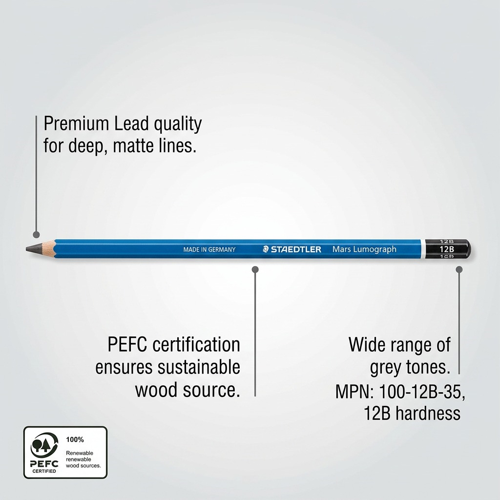 An operational features image of the STAEDTLER Mars Lumograph 12B pencil, highlighting its characteristics with labels, including premium lead quality and PEFC certification. It is against a grey background.