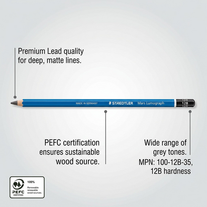 An operational features image of the STAEDTLER Mars Lumograph 12B pencil, highlighting its characteristics with labels, including premium lead quality and PEFC certification. It is against a grey background.