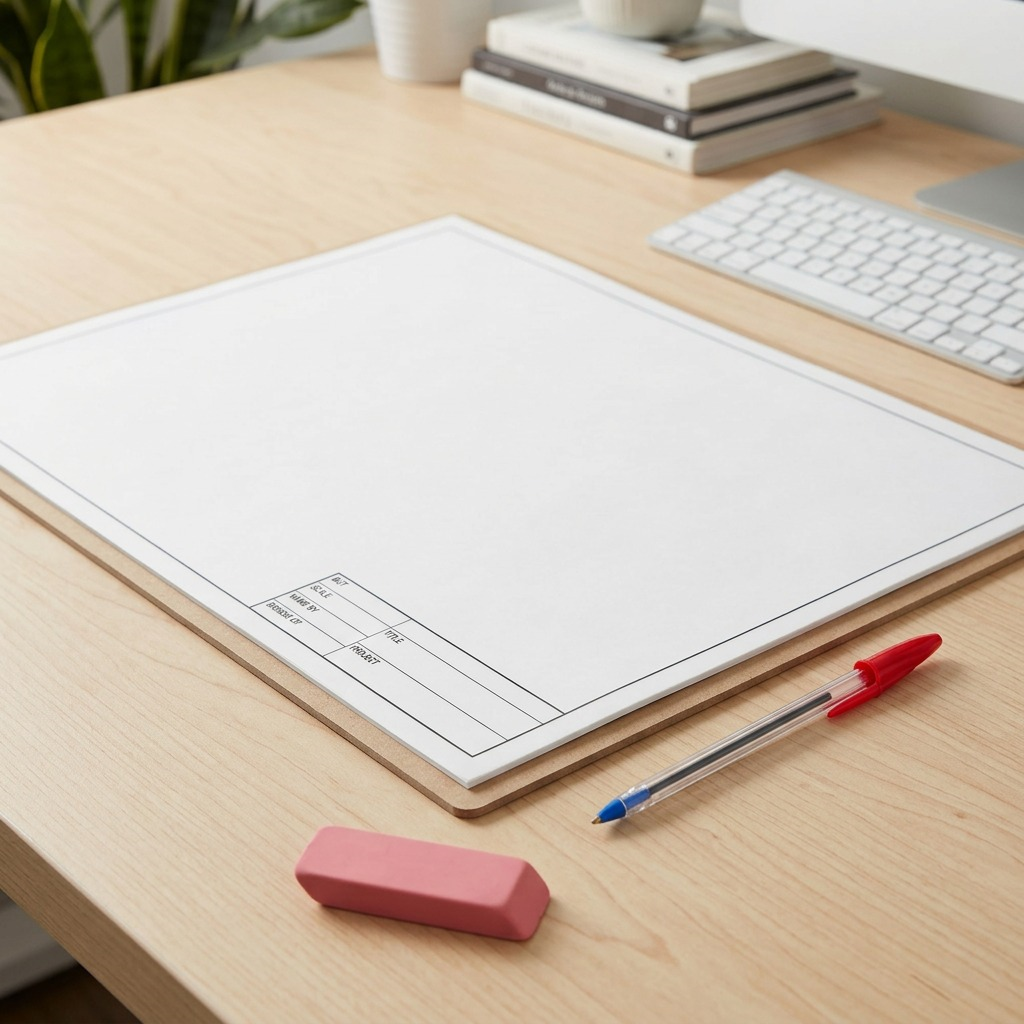 A large 18x24 inch STAEDTLER vellum sheet is positioned on a realistic home office desk, presented next to a pen, an eraser, and a keyboard. This arrangement clearly demonstrates the product's expansive size relative to common workspace tools for customer reference.