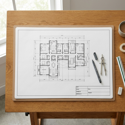A professional overhead shot of a 18x24 vellum drafting block with a floor plan and tools on a wooden desk near a window.