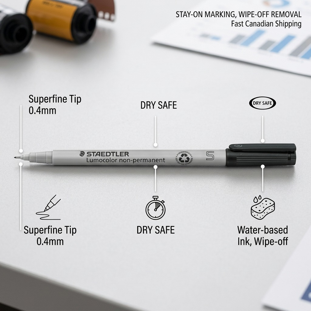 Operational feature callout image showing a STAEDTLER Lumocolor 311-9 with text highlighting precise SF base and water-based ink.