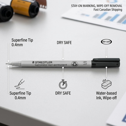 Operational feature callout image showing a STAEDTLER Lumocolor 311-9 with text highlighting precise SF base and water-based ink.