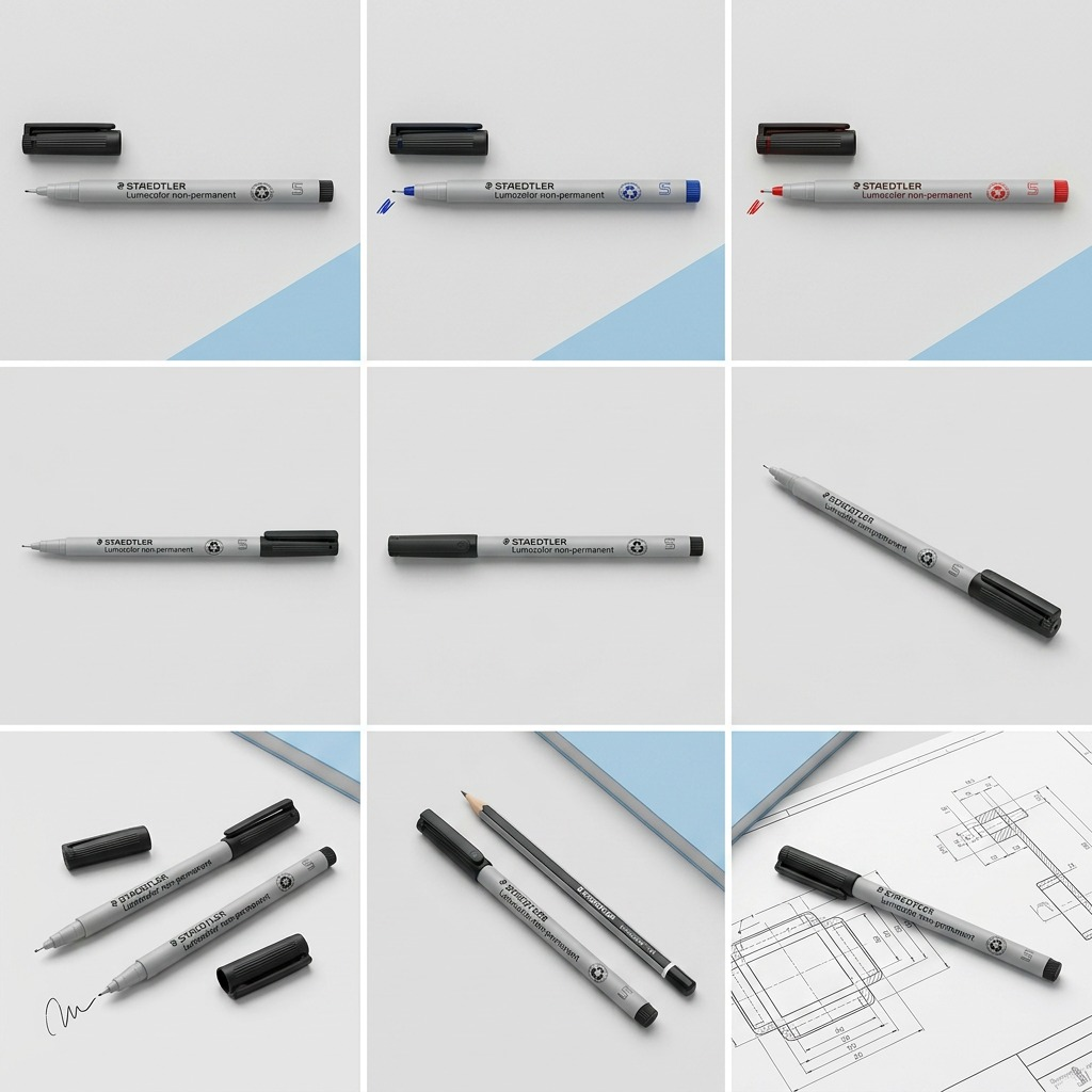 Nine-cell grid matrix showing the STAEDTLER black fineliner from various angles and use-cases.