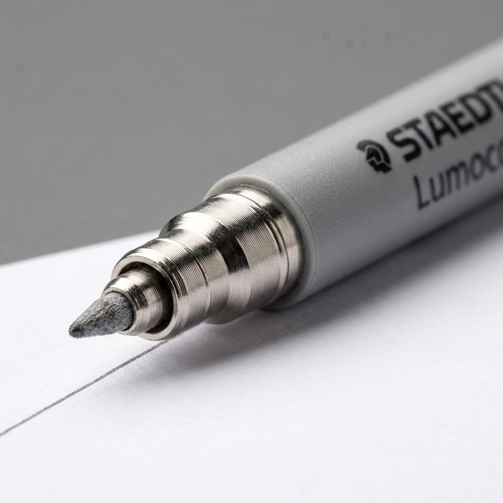 A macro photograph of the STAEDTLER Lumocolor non-permanent marker tip, from super-fine point to the metal cone and barrel end.