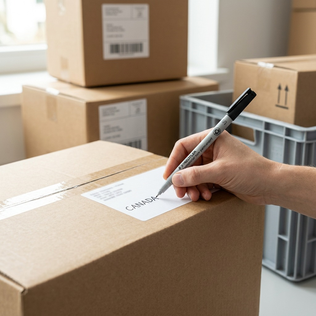 A photo of a black fine-tip marker being used to write on a white label on a cardboard box.