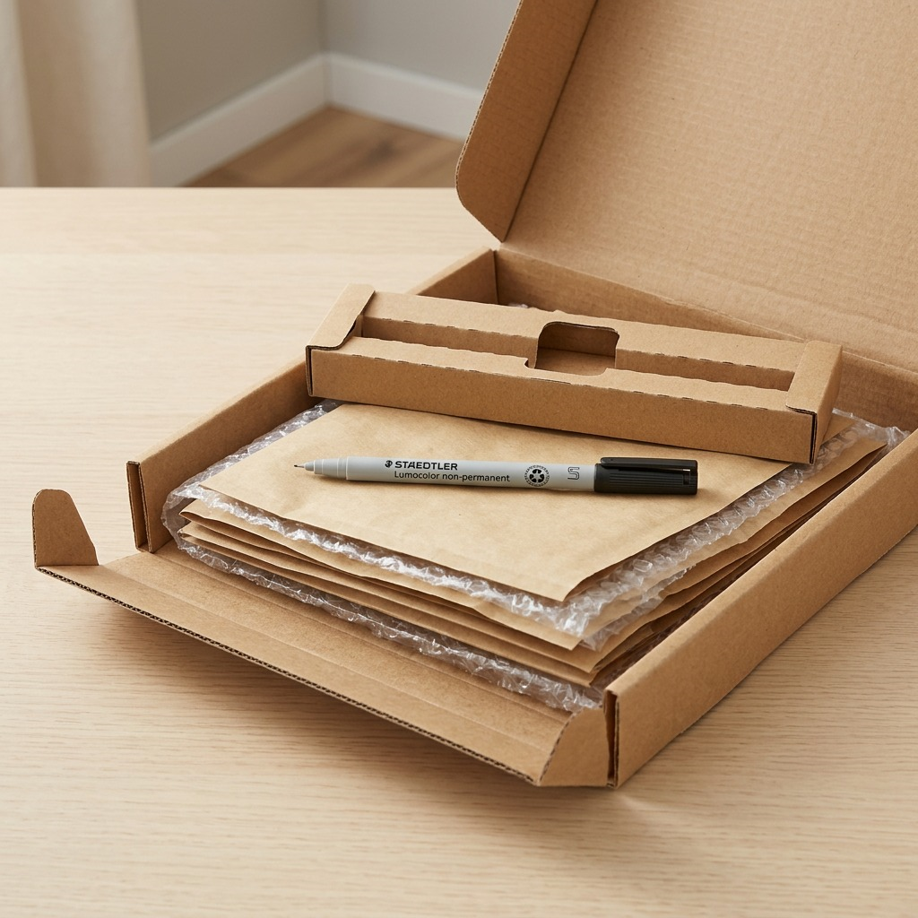 A Staedtler fineliner pen rests securely in open protective shipping packaging, shown safely cushioned.
