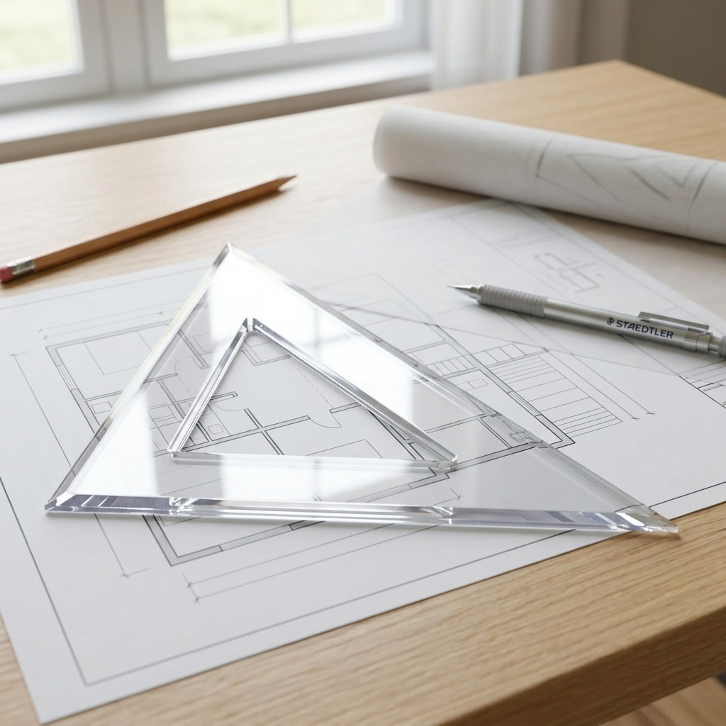 A STAEDTLER set square lies on an architectural blueprint on a wooden desk, under soft natural light.