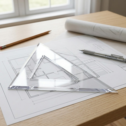 A STAEDTLER set square lies on an architectural blueprint on a wooden desk, under soft natural light.