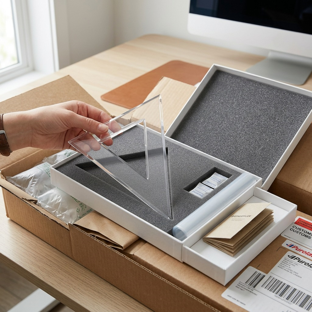 A hand lifts the clear STAEDTLER set square from custom foam, with robust packaging visible below.