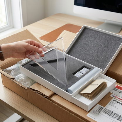 A hand lifts the clear STAEDTLER set square from custom foam, with robust packaging visible below.