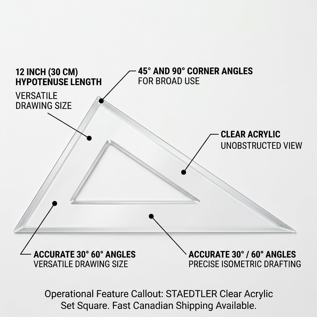A feature callout graphic for the STAEDTLER Set square, highlighting accurate angles and clear material.