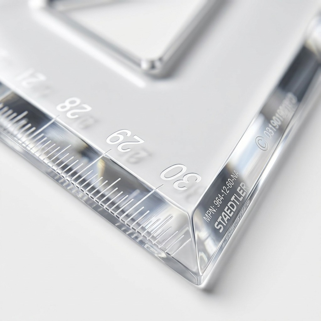 Macro shot of the clear acrylic set square's beveled edge with precise etched measurement lines.
