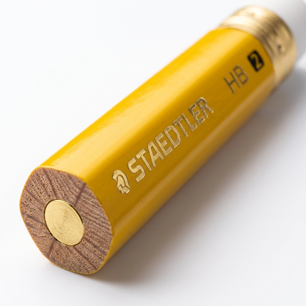 Macro detail focusing on the gold STAEDTLER imprint and wood texture on the HB pencil.