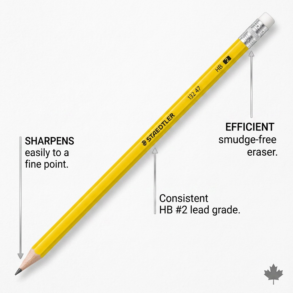 An infographic highlighting key features of the STAEDTLER HB#2 pencil, with callouts for sharpening, lead grade, and an eraser.