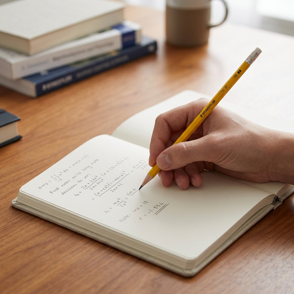 Lifestyle photo of a person using the STAEDTLER HB#2 pencil to write in a notebook on a desk.