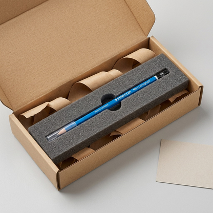 A visual of the STAEDTLER Mars Lumograph 10H pencil partially out of a neutral cardboard shipping tube with foam padding, showing it safe for shipping.