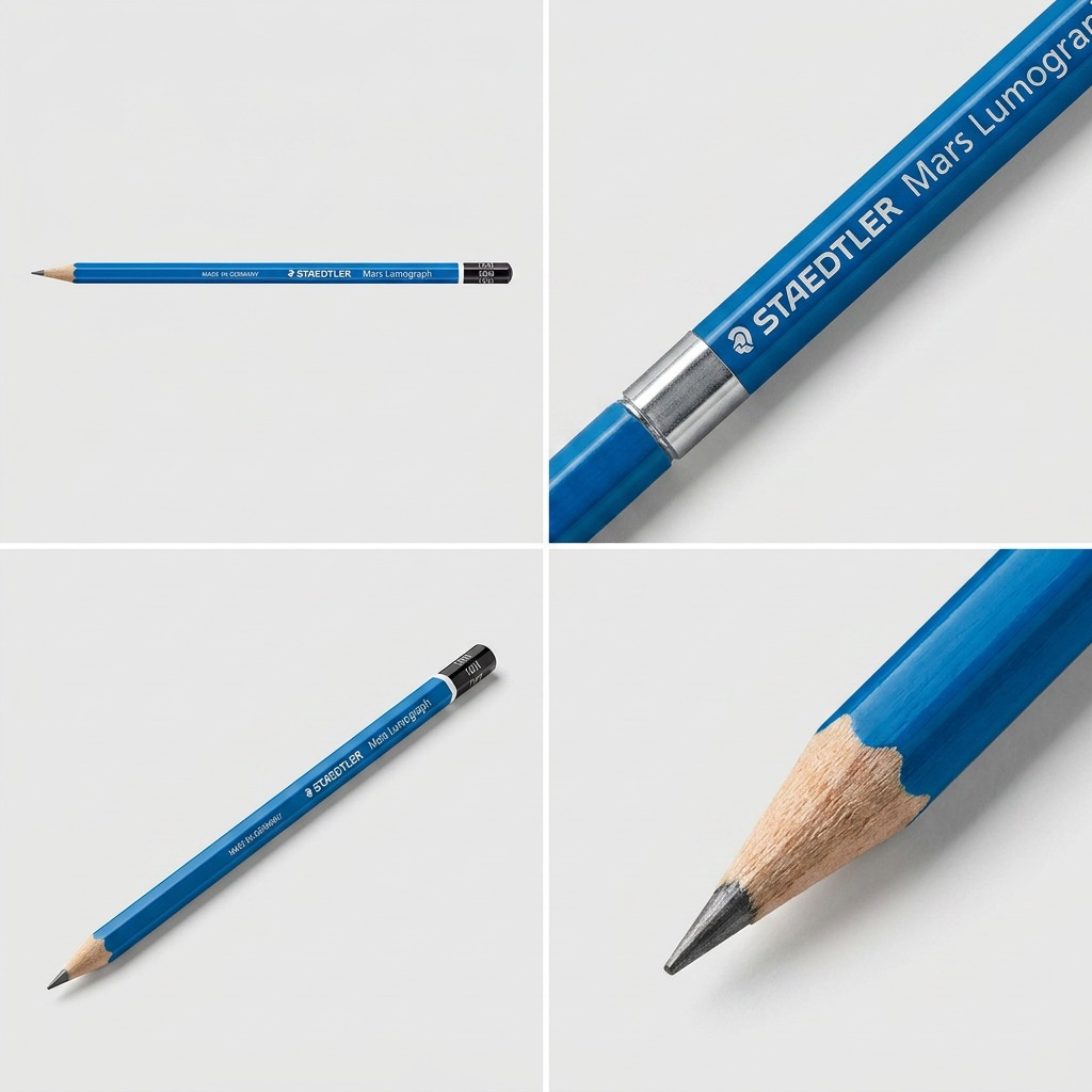 A four-panel product view matrix of the STAEDTLER Mars Lumograph 10H pencil from image_0.png, showing the full profile, a close-up text detail, an angled view, and a close-up of the sharpened tip in an accurate ecommerce grid format.