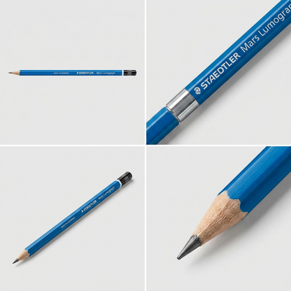 A four-panel product view matrix of the STAEDTLER Mars Lumograph 10H pencil from image_0.png, showing the full profile, a close-up text detail, an angled view, and a close-up of the sharpened tip in an accurate ecommerce grid format.