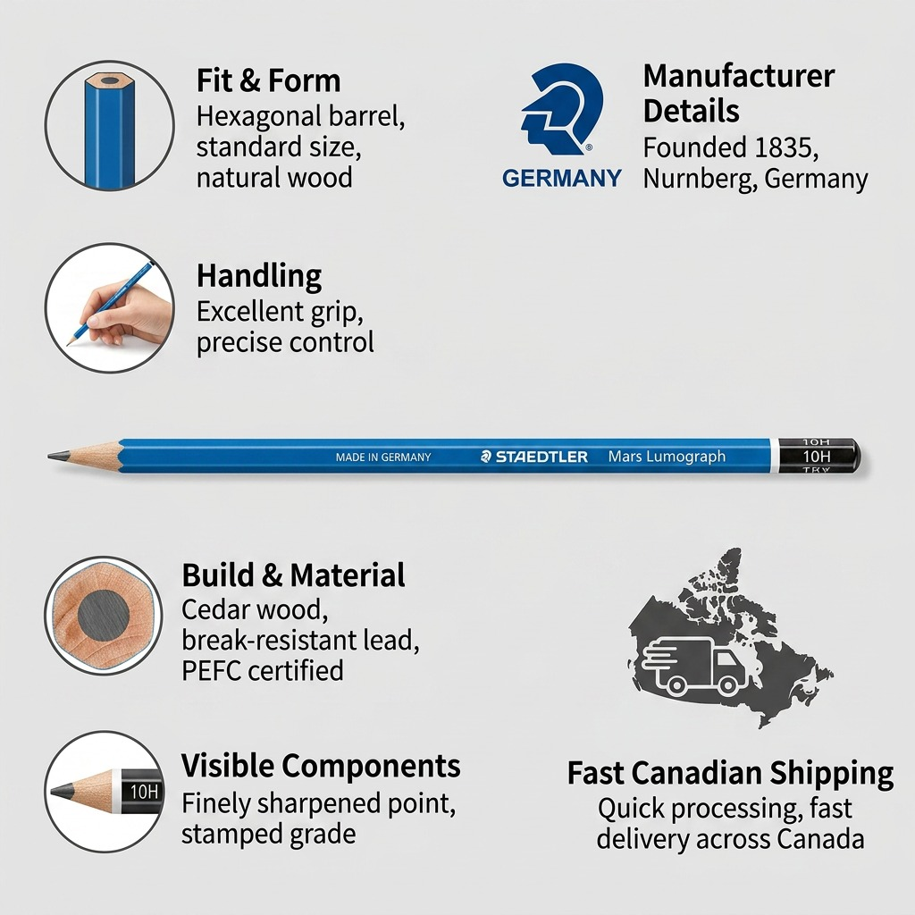 STAEDTLER Mars Lumograph 10H pencil with icons detailing build, usage, and Canadian shipping benefits.