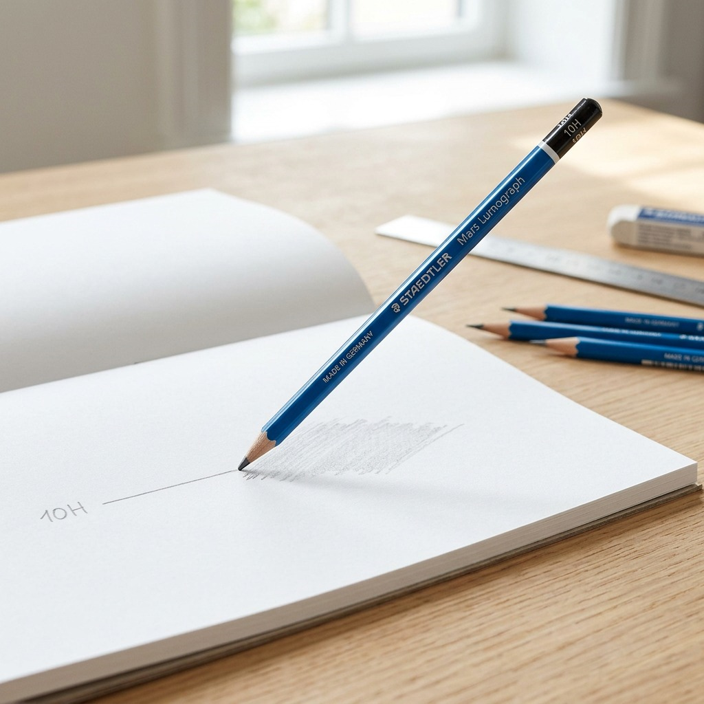 Lifestyle photo shows the STAEDTLER Mars Lumograph 10H pencil angled on an open sketchbook, ready for technical drawing.