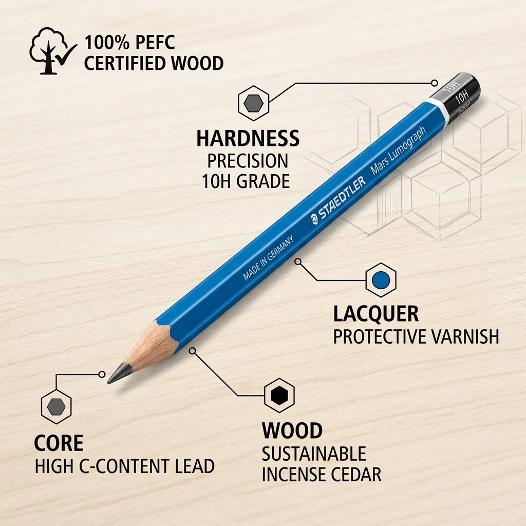 STAEDTLER Mars Lumograph 10H pencil with key features labeled including PEFC status, 10H grade hardness, high carbon content, premium wood, and special lacquer.
