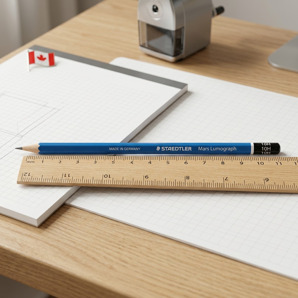A Staedtler Mars Lumograph 10H pencil with the Canadian flag on a desk.
