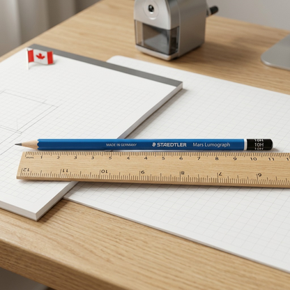 A Staedtler Mars Lumograph 10H pencil with the Canadian flag on a desk.