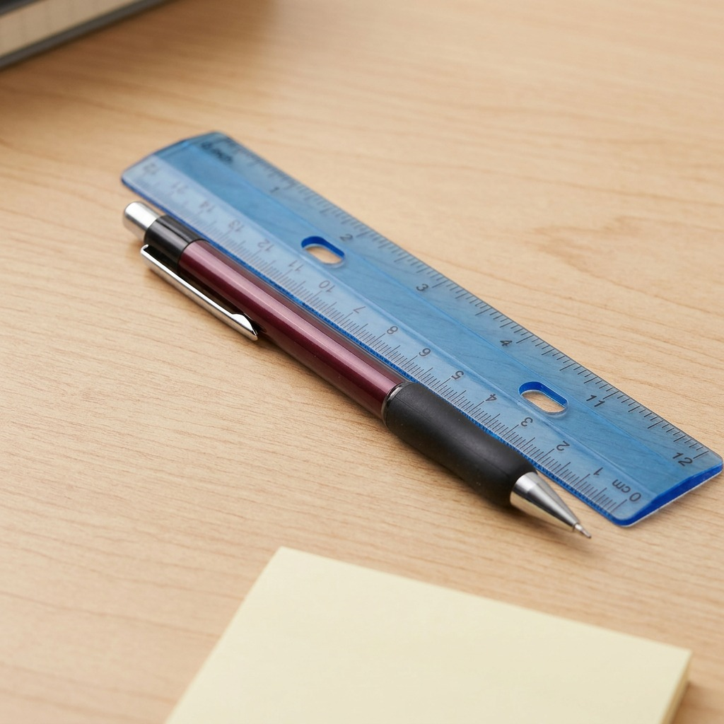A product size reference image for the STAEDTLER mechanical pencil. The deep burgundy pencil from image_0.png is placed on a light wood desk, resting within the finger indentation of a standard, translucent blue 12-inch office ruler, making its approximate 6-inch length immediately clear. The scene is well-lit, showing practical workspace details.