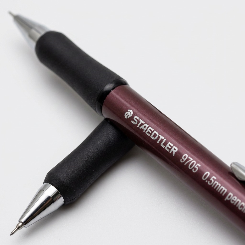 Macro photograph from image_1.png showing the metal tip and rubber grip of the STAEDTLER mechanical pencil.