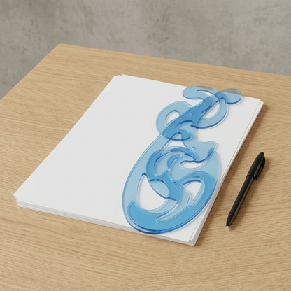 Scale photo showing the 3 blue French curves next to a stack of A4 paper and a pen.