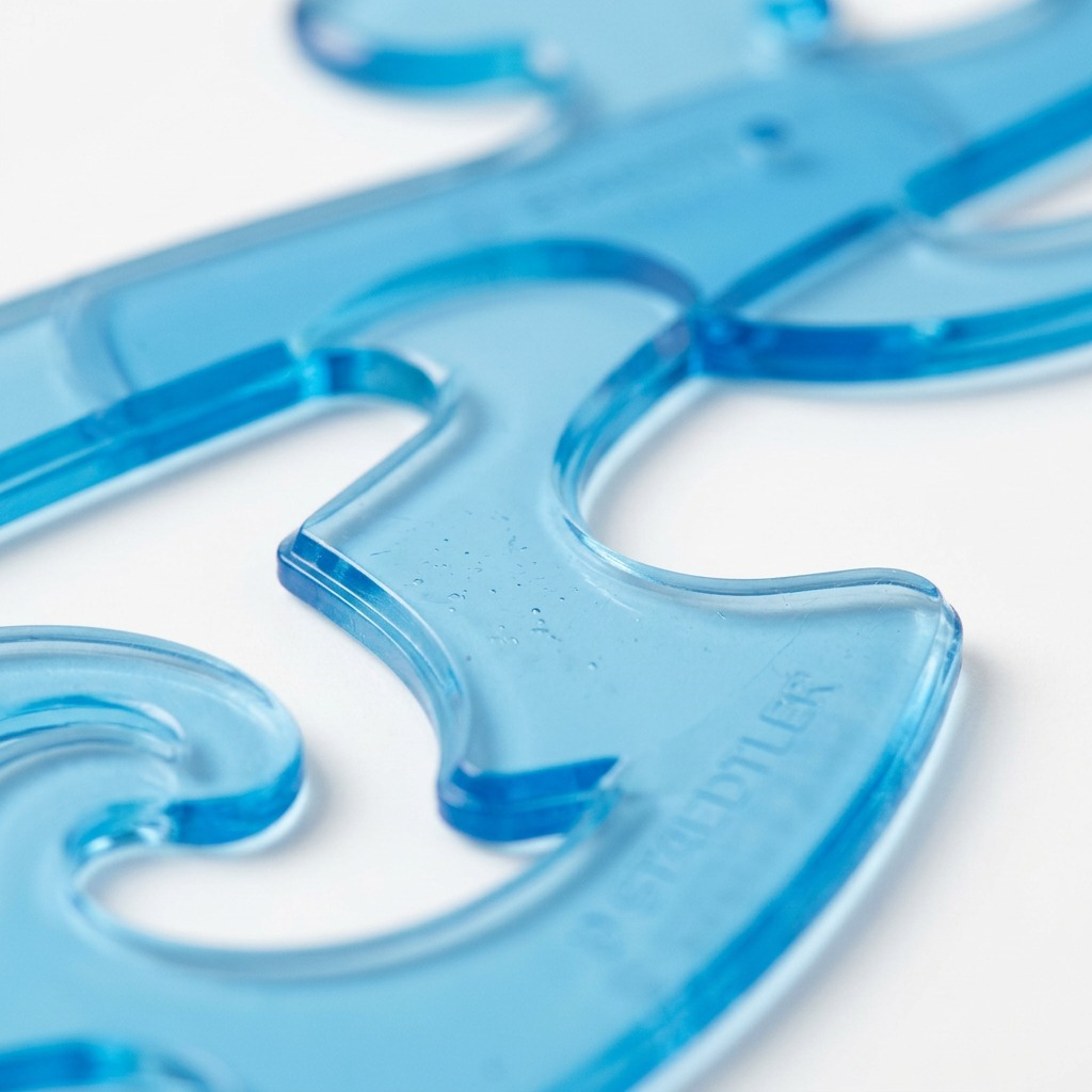 Extreme macro view of precision-cut translucent blue STAEDTLER curve, showcasing polished edges and plastic quality.