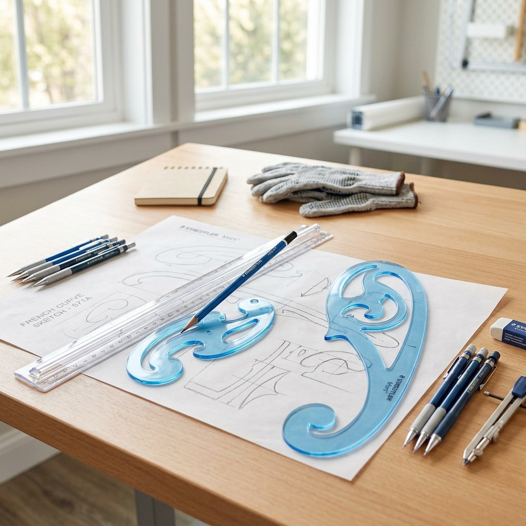 A lifestyle image showing two STAEDTLER Mars French curves (translucent blue) in use on a wooden drafting table. One curve is on tracing paper; the other is in a pocket. Natural light.