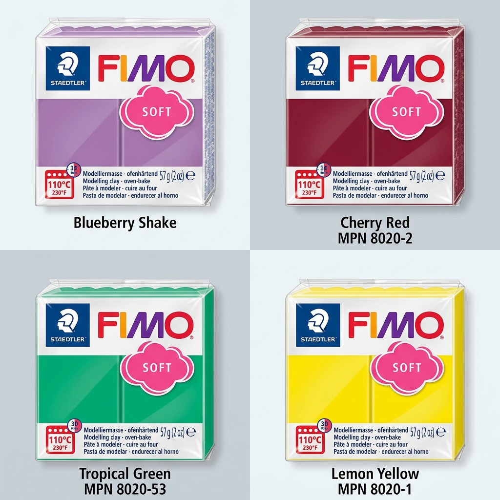 An ecommerce product variations matrix for STAEDTLER Fimo Soft, showing blocks of Blueberry Shake, Cherry Red, Tropical Green, and Lemon Yellow clay.