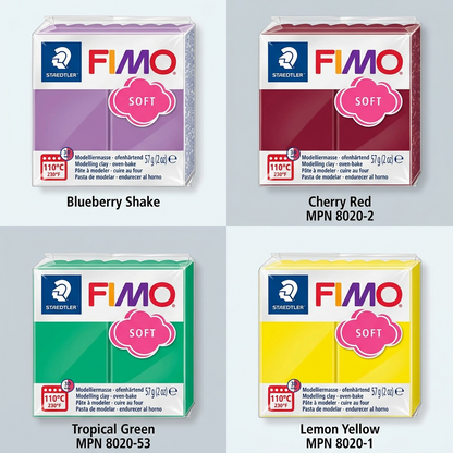 An ecommerce product variations matrix for STAEDTLER Fimo Soft, showing blocks of Blueberry Shake, Cherry Red, Tropical Green, and Lemon Yellow clay.