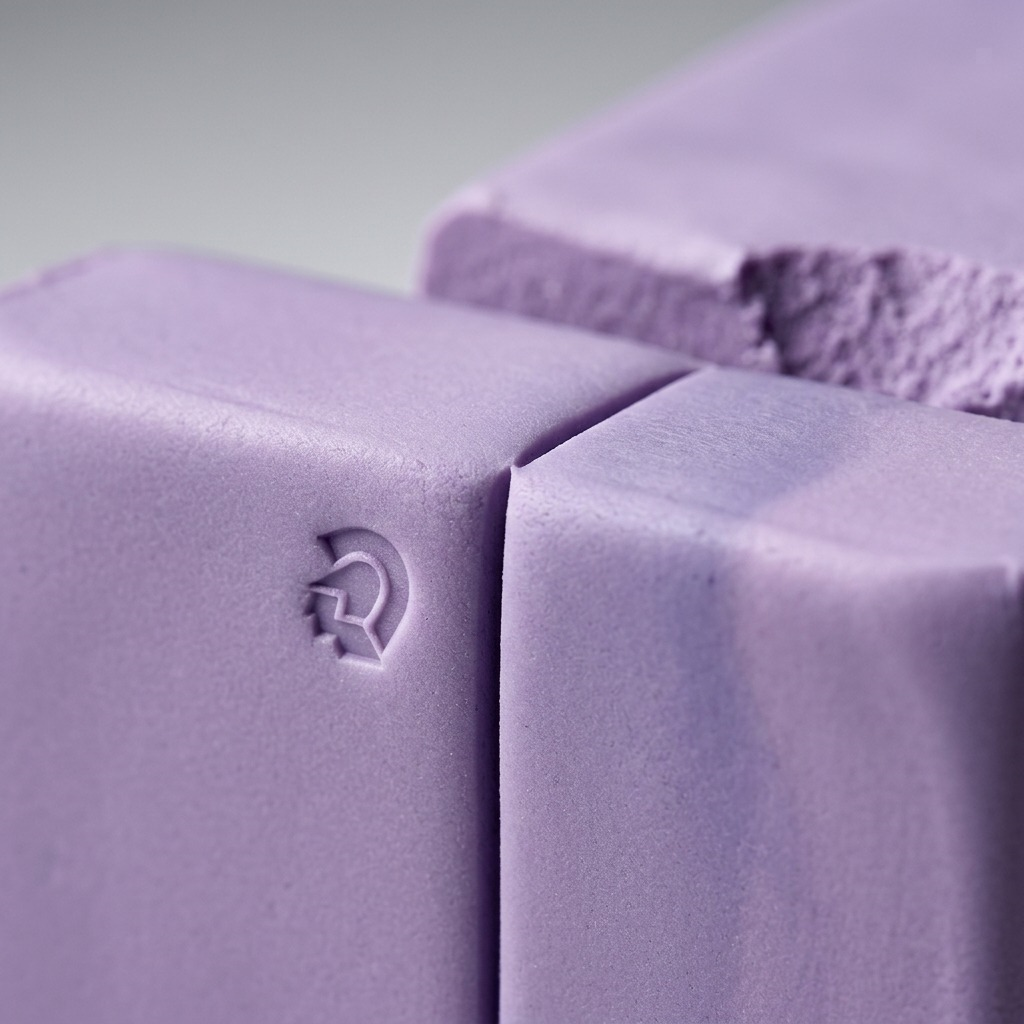 A macro close-up image showing the smooth, lavender-colored STAEDTLER Fimo Soft modeling clay segments.