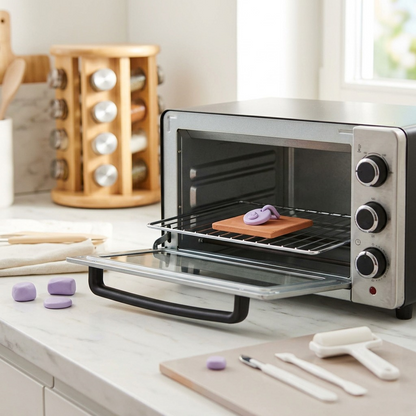 A lifestyle photo shows a sculpted Fimo Soft Blueberry Shake item baking in a toaster oven, next to unfinished clay.