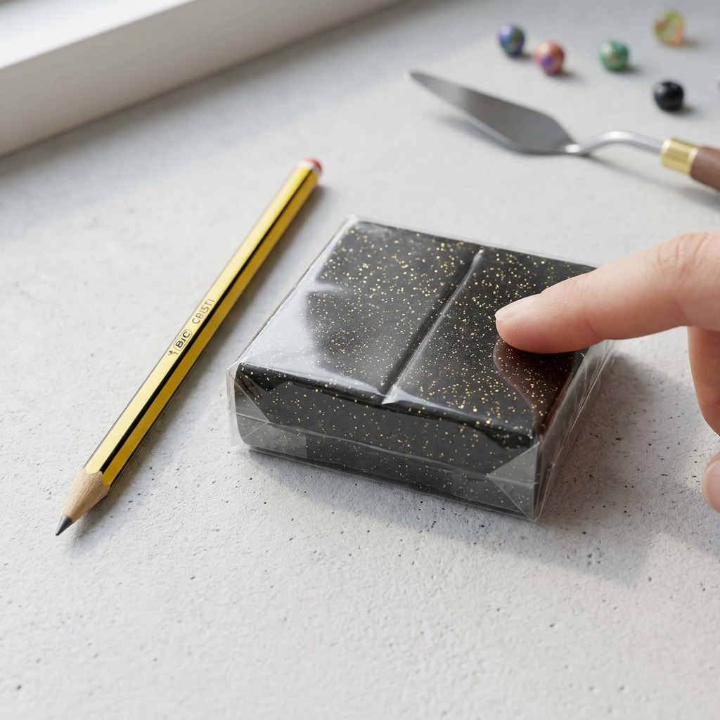 Scale-comparison image of a 57g Staedtler FIMO clay block of Stardust next to a small pencil. This helps.