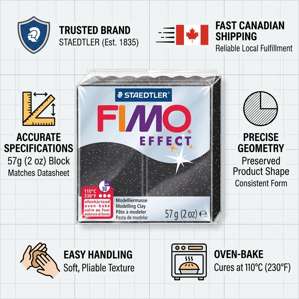 A trust infographic featuring the STAEDTLER FIMO Effect Stardust clay, highlighting its key attributes and fast Canadian fulfillment.