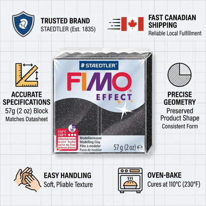 A trust infographic featuring the STAEDTLER FIMO Effect Stardust clay, highlighting its key attributes and fast Canadian fulfillment.
