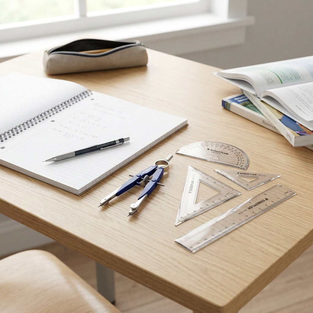 Blue and metal STAEDTLER geometry set with open notepad on wooden desk.