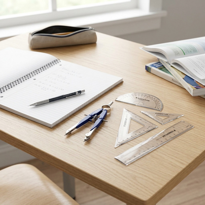 Blue and metal STAEDTLER geometry set with open notepad on wooden desk.