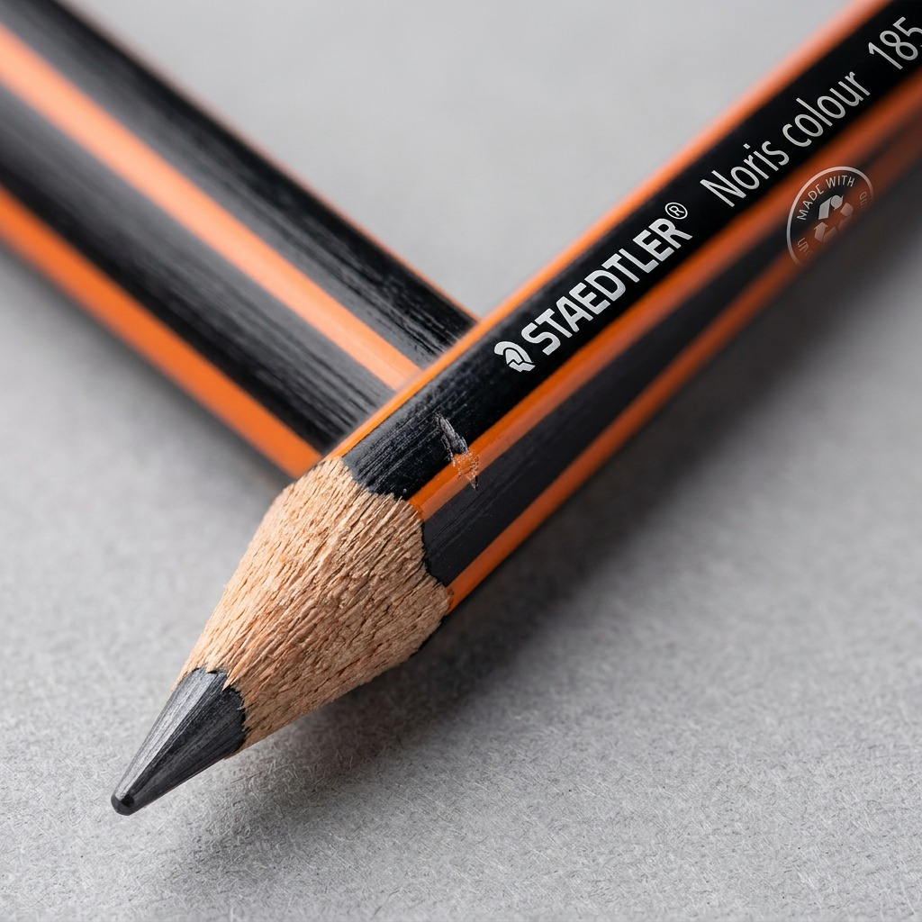 A macro photo of the Staedtler Noris Colour pencil, focusing on its distinctive orange-and-black striped texture and woodgrain tip.
