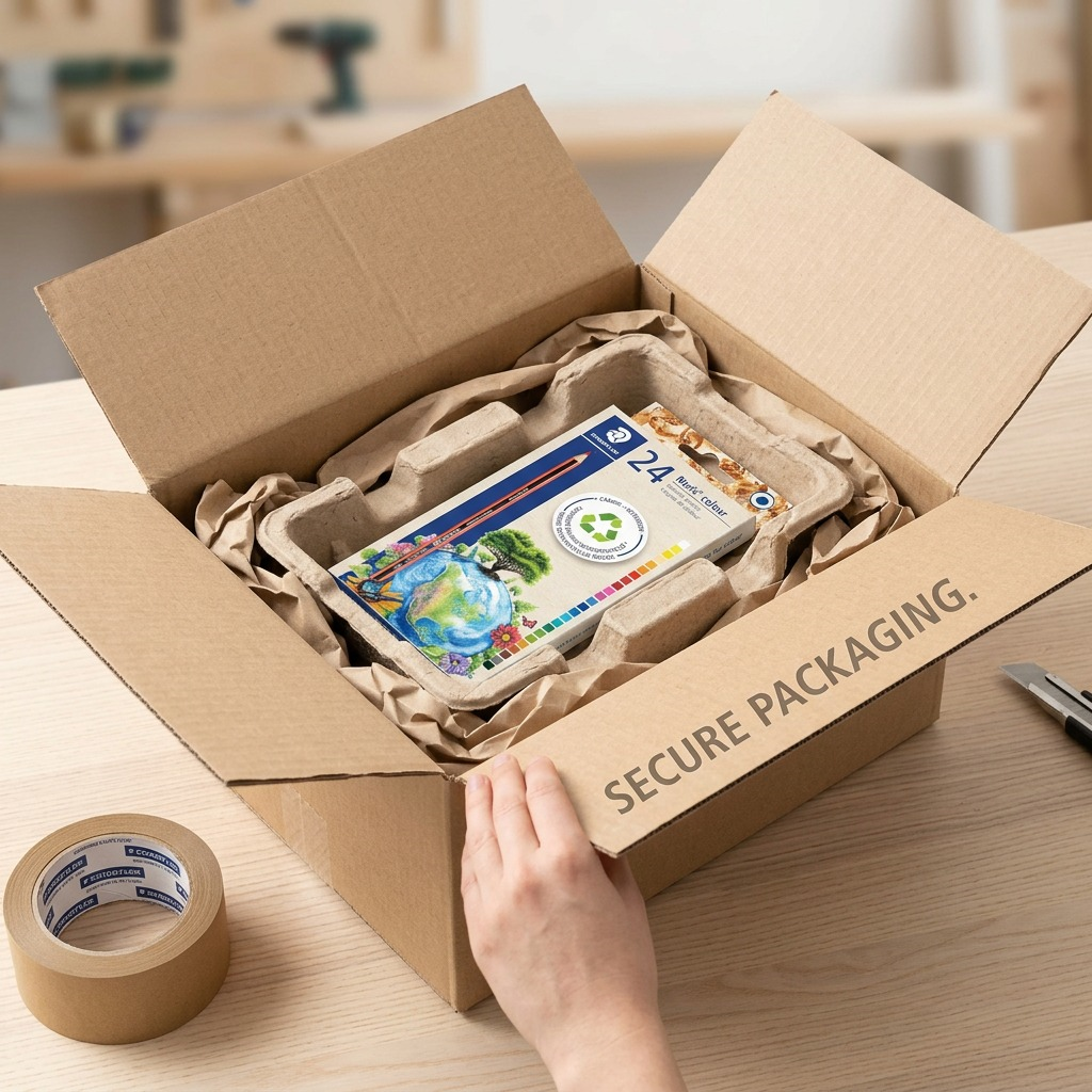Unboxing a shipping box, showing a Staedtler 24pk crayon box protected by kraft paper and cardboard.