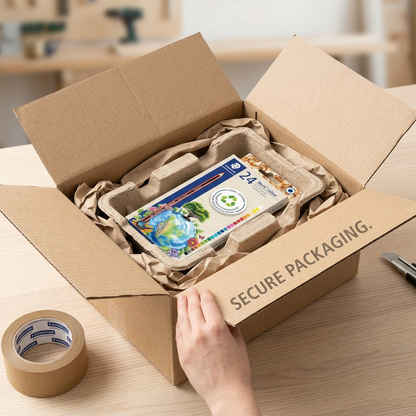 Unboxing a shipping box, showing a Staedtler 24pk crayon box protected by kraft paper and cardboard.