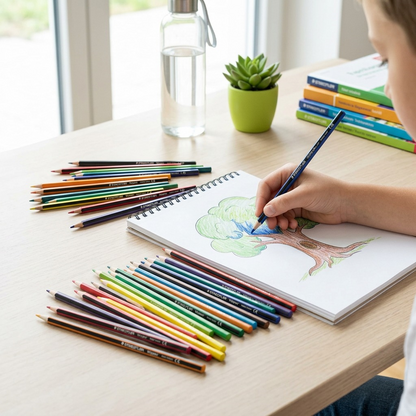 A lifestyle photo showing a person using the STAEDTLER Wopex colouring pencils on a drawing pad in natural light.