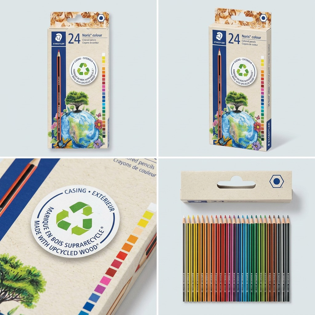Four-quadrant matrix displaying the Staedtler 24 Noris colour pencil pack from different angles.