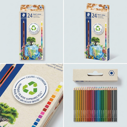 Four-quadrant matrix displaying the Staedtler 24 Noris colour pencil pack from different angles.