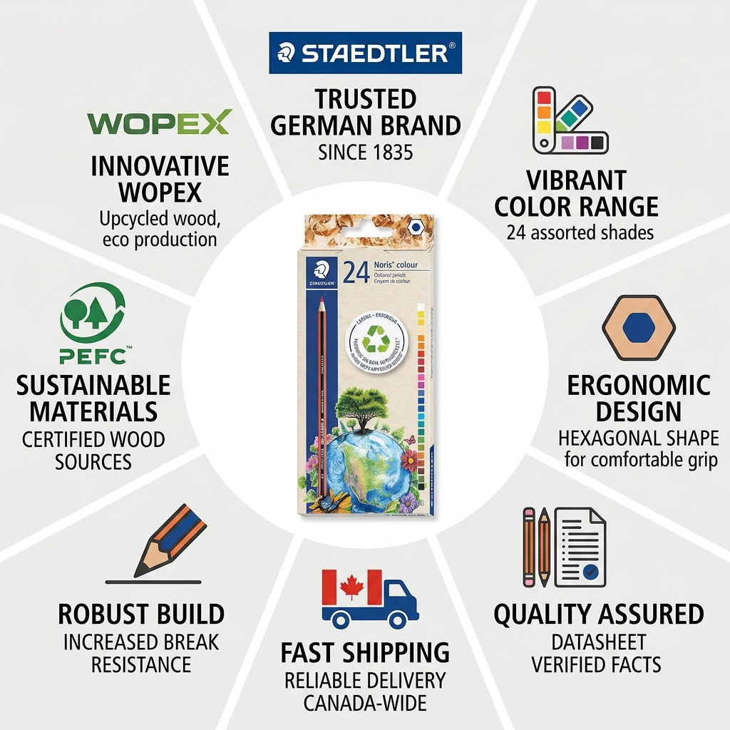 Product-led visual matrix for STAEDTLER Wopex 24pk colored pencils, showcasing key features and benefits with icons.
