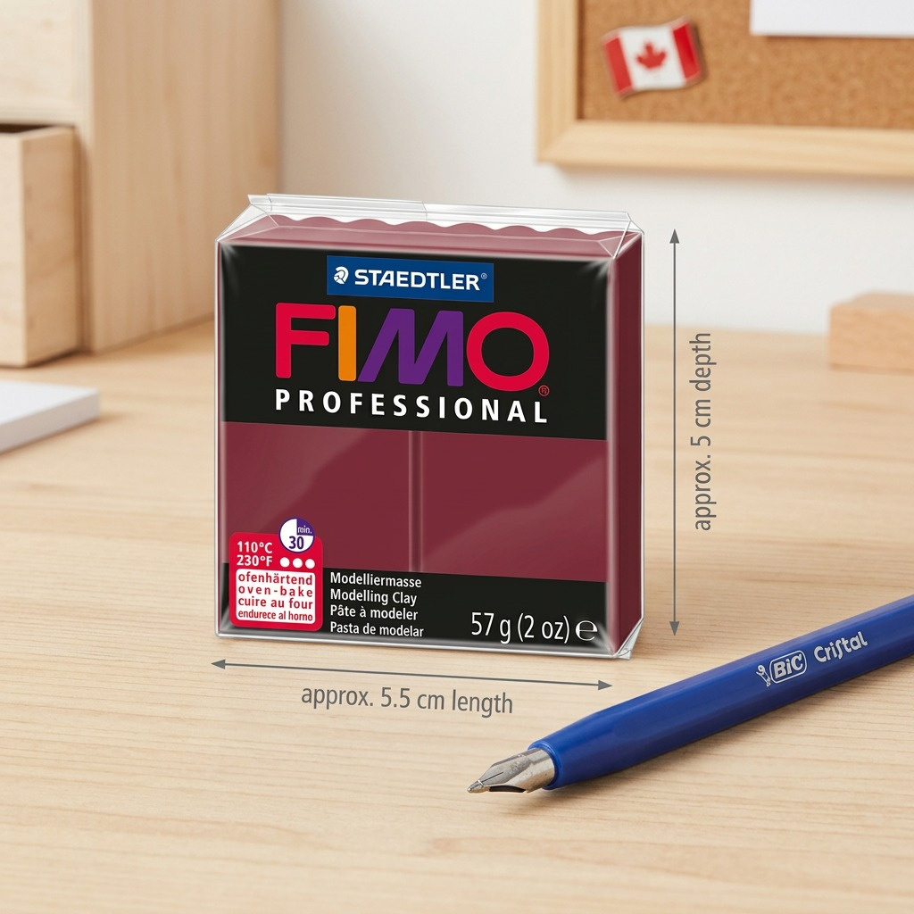 A full shot image of a pack of deep red STAEDTLER Fimo Professional modelling clay sitting on top of a Canadian five-dollar bill on a wooden desk, illustrating its true size.